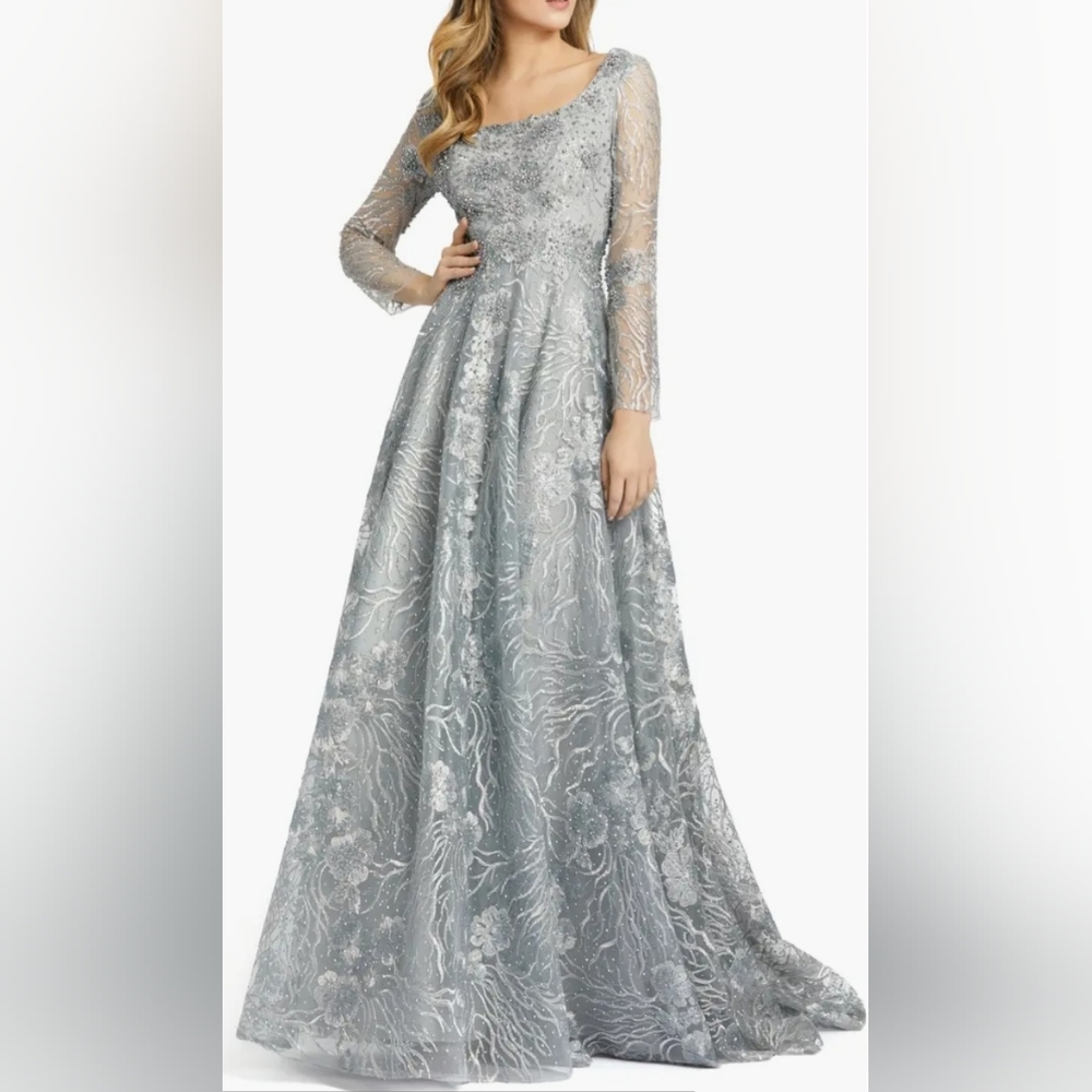 Mac Duggal 20285 Size 16 Gray Lace Silver Sequin Gown Illusion Sleeves NWT Gala
